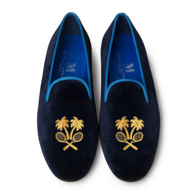 velvet slipper with metalic gold embroidery of tennis racquets and palm trees