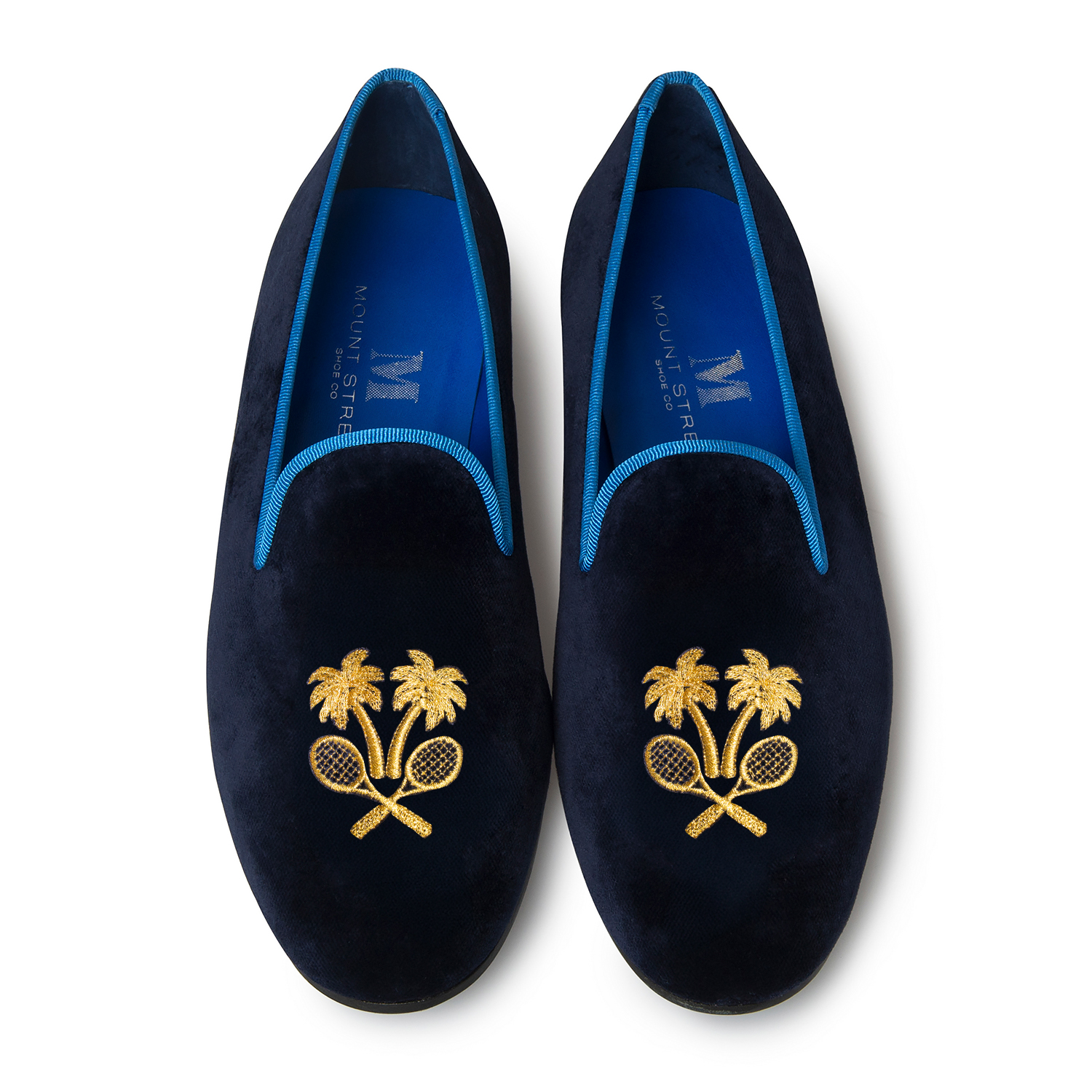 velvet slipper with metalic gold embroidery of tennis racquets and palm trees